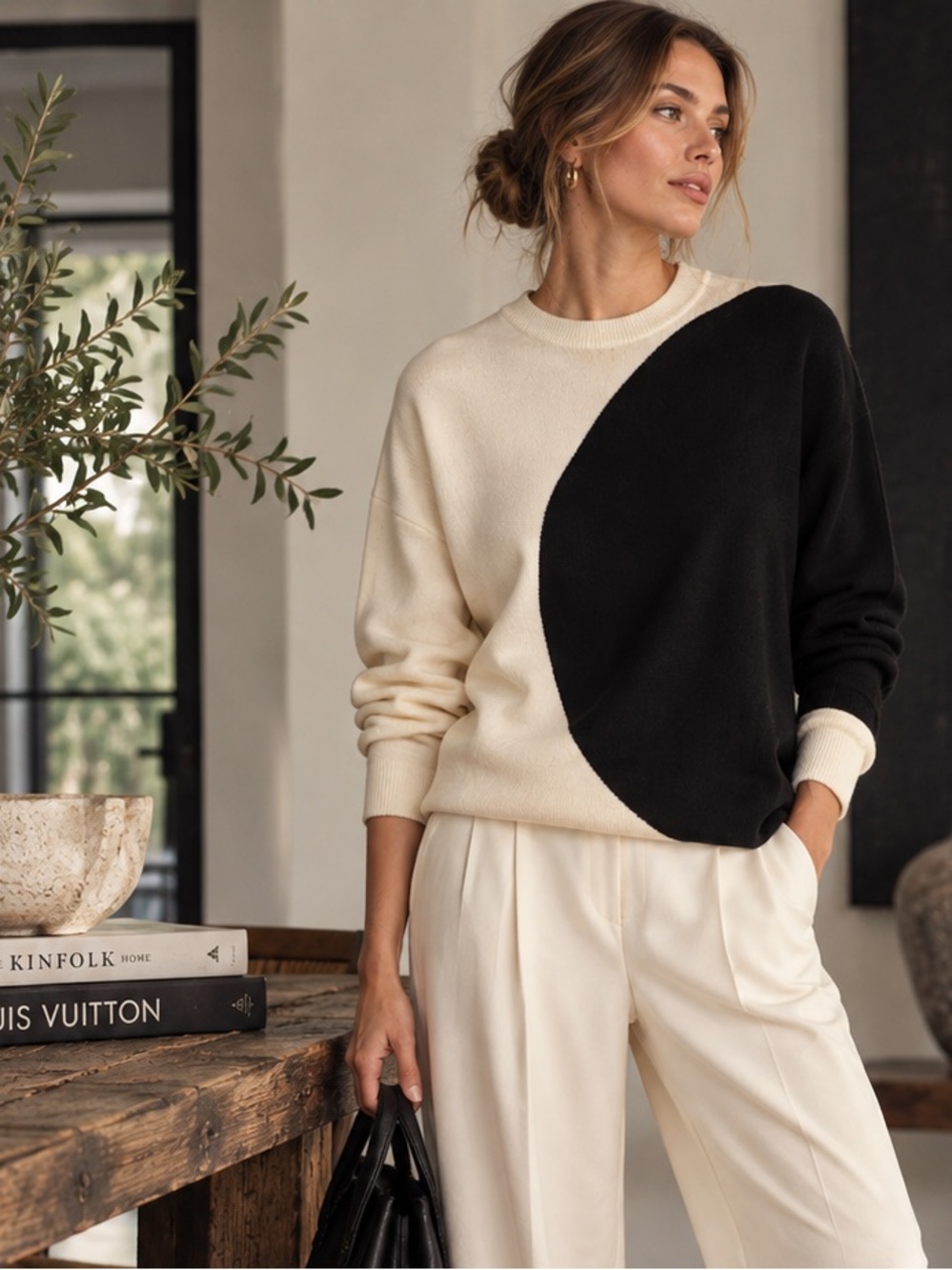 Tory Burch Colorblock Crewneck Sweater Black Ivory Wool Blend